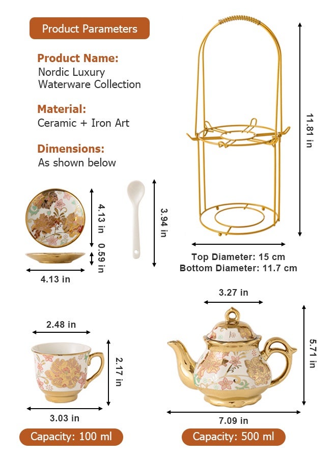 Forthcan 13-Piece Ceramic Coffee Cup and Saucer Set with Teapot, Electroplated Porcelain Afternoon Tea Set, Elegant Coffee Serving Set for Home and Gift - Image 4
